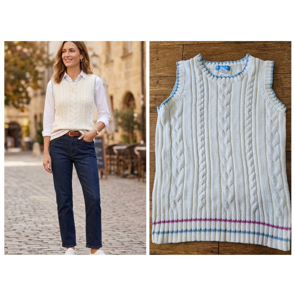 White + Warren Cable Knit Sweater Vest Women S Cream Preppy Tennis Striped